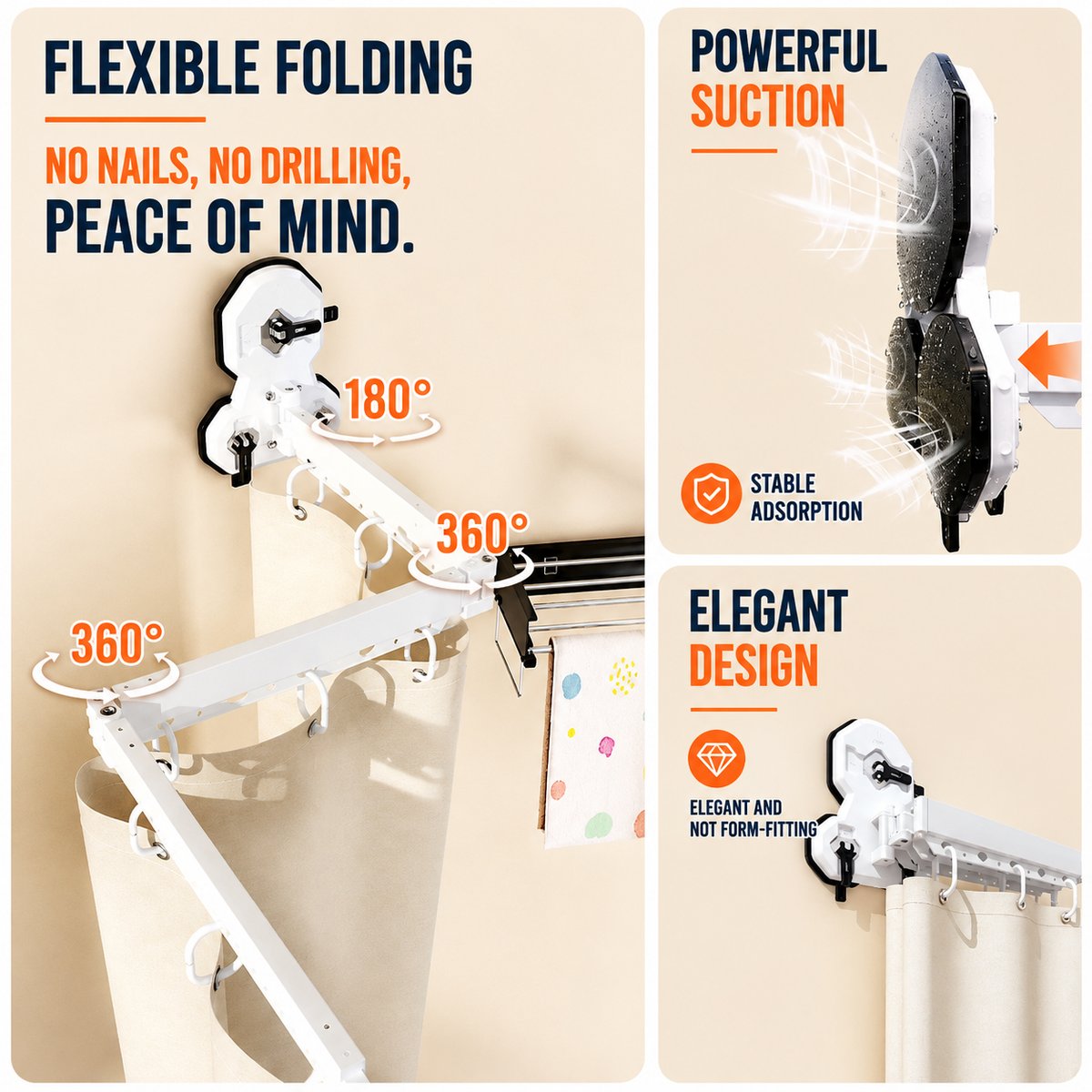 AquaFold™ – Fold-Away Shower Curtain Rod (Curtain Not Included)