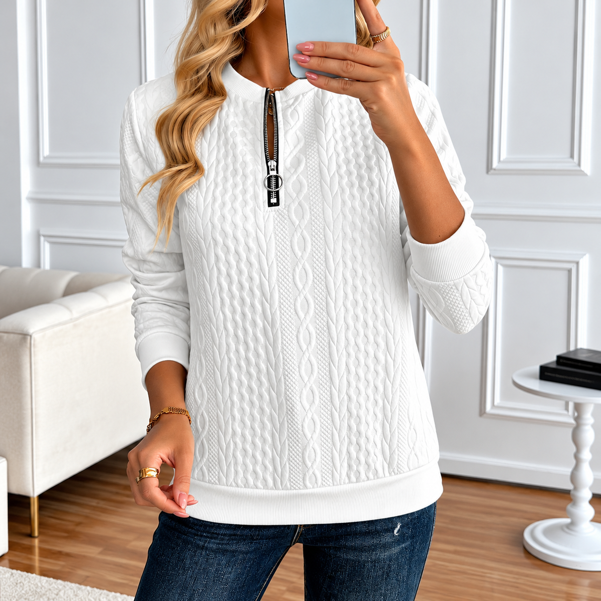Velmora™ – Elegant Textured Zip Sweatshirt