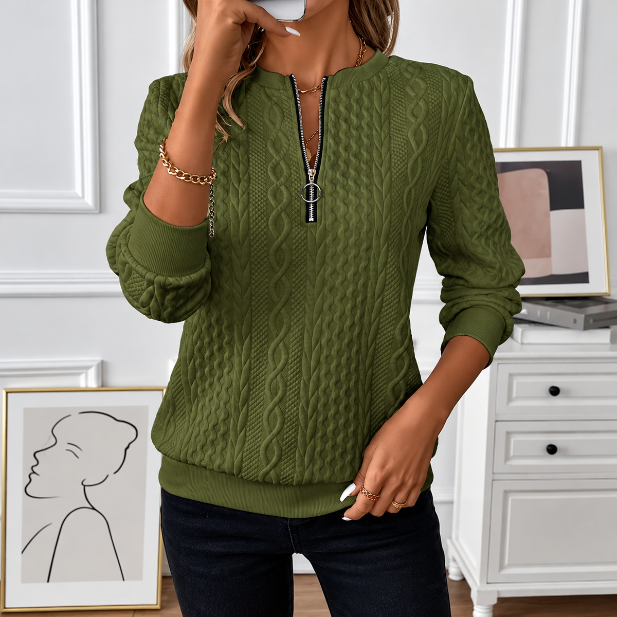 Velmora™ – Elegant Textured Zip Sweatshirt